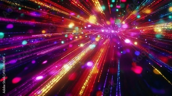Fototapeta Abstract colorful light streaks with bokeh effect against a dark background creating a dynamic cosmic explosion