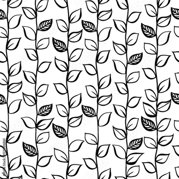 Fototapeta seamless pattern with  black outline leaves on white backgroungd