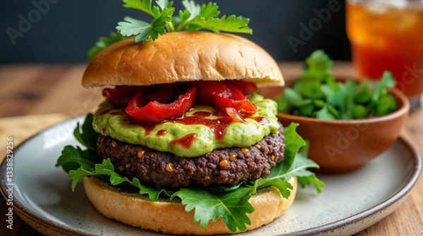 Obraz Hamburguesa gourmet con guacamole, pimientos asados y salsa picante