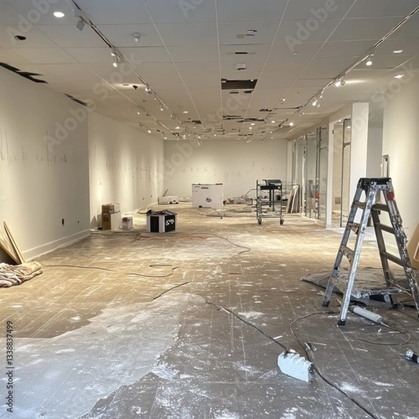 Fototapeta Empty retail space undergoing renovations with tools and debris