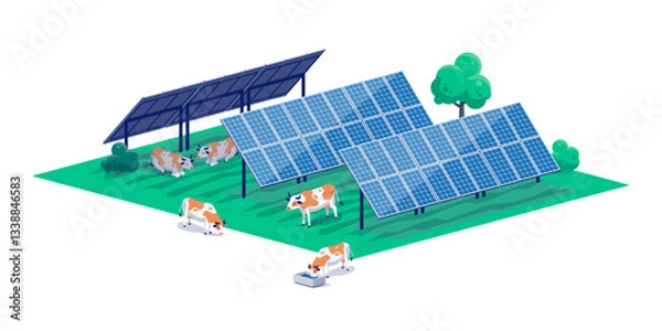 Fototapeta Modern farm using agrivoltaic solar panel system with tracker and livestock animals cow hiding in shadow protecting from sun heat. Dual solar power farming cattle.Isolated vector illustration. 