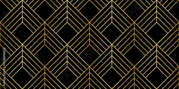 Fototapeta Black and gold geometric art deco rhombus print, classical elegant vector background seamless repeating pattern design