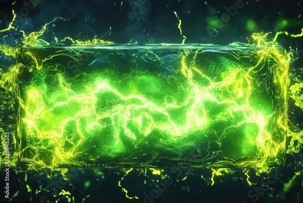 Fototapeta Glowing green energy cube with lightning bolts inside