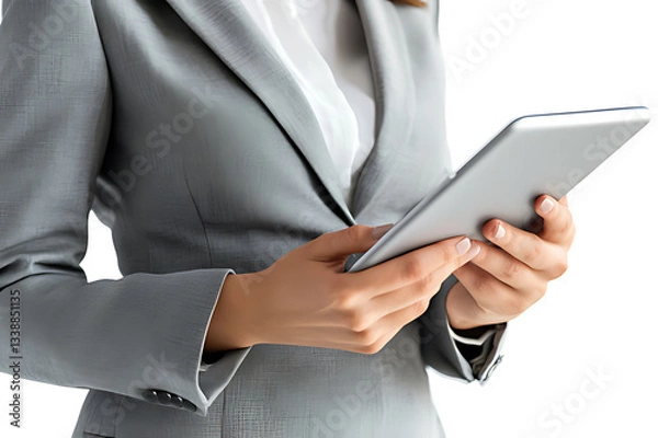 Fototapeta Middle aged business leaders women and men standing isolated on white using digital tablet. Smiling professional business executives looking at tab.