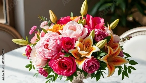 Fototapeta Elegant Floral Bouquet on Table with Roses Lilies and Peonies for Decoration