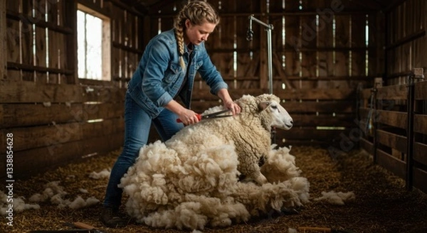 Obraz A female sheep farmer carefully shears the thick wool of a sheep, her hands moving with precision. The soft fleece falls in layers, revealing the freshly trimmed coat beneath