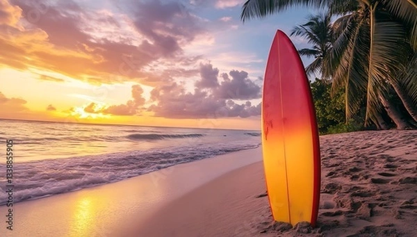 Fototapeta Colorful surfboard on a tropical beach at sunset, embodying summer vacation vibes. Captured in high resolution with natural light, showcasing vibrant colors and serene atmosphere.