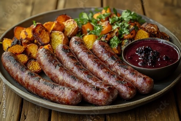 Fototapeta A gourmet BBQ platter of smoked venison sausages, served with a side of juniper berry sauce and roasted root vegetables, on a vintage wooden table.
