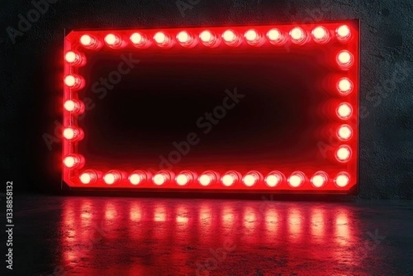 Fototapeta Red retro neon frame with glowing light bulbs, vintage sign board on a black background.