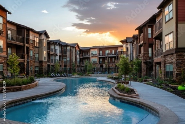 Fototapeta Apartment complex with pool at sunset reflecting light