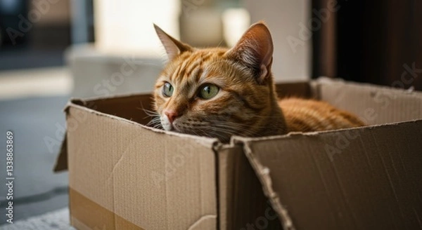 Fototapeta An orange cat comfortably rests inside a cardboard box, gazing with wide green eyes, enjoying its favorite hiding spot.