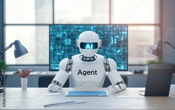 Obraz A robot is sitting at a desk in front of a computer monitor with the word Agent