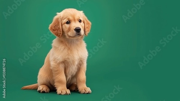 Obraz Playful golden retriever puppy on green background adorable pets portrait studio setting cute animal photography