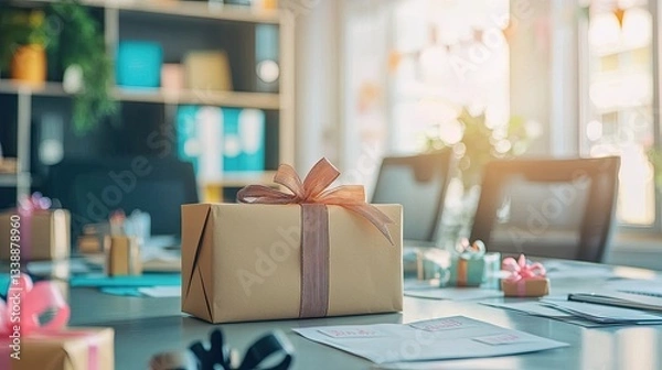 Fototapeta an office table with gifts and notes for employee appreciation.