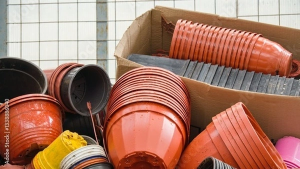 Obraz Multi-colored plastic planters are stacked in piles inside the greenhouse.