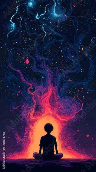 Fototapeta Cosmic Contemplation: A lone figure meditates in lotus position, their silhouette silhouetted against a vibrant nebula, representing inner peace and connection with the cosmos.