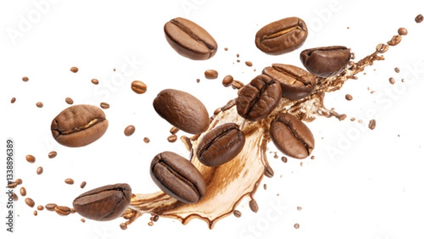 Fototapeta Roasted Coffee Beans with Liquid Splash Isolated on White Background for Beverage and Food.