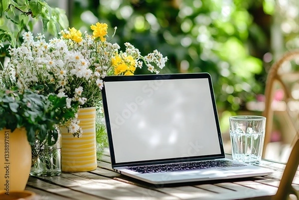 Fototapeta A laptop with a blank screen is placed on the table in an outdoor dining area, surrounded by greenery and flowers, mock-up photography style