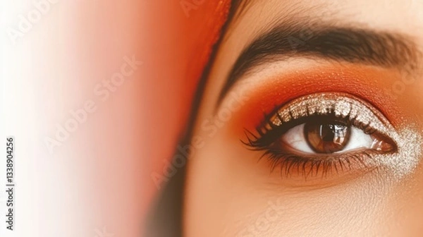 Fototapeta A stunning close-up shot of a shimmering eye adorned with theatrical orange and silver makeup, making a bold artistic statement with compelling color contrast.