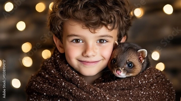 Fototapeta Smiling child is cuddling a sable indoors wrapped in a cozy brown patterned blanket with blurred bokeh lights adding a warm, festive atmosphere behind