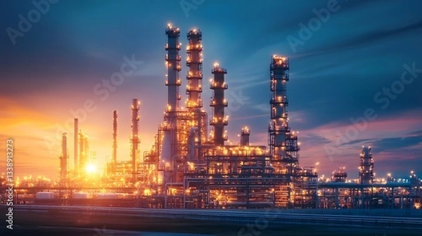 Fototapeta Futuristic 3D industrial scene of a smart energy refinery with an AI managed synthetic methane gas processing facility  The scene depicts a complex of towers tanks