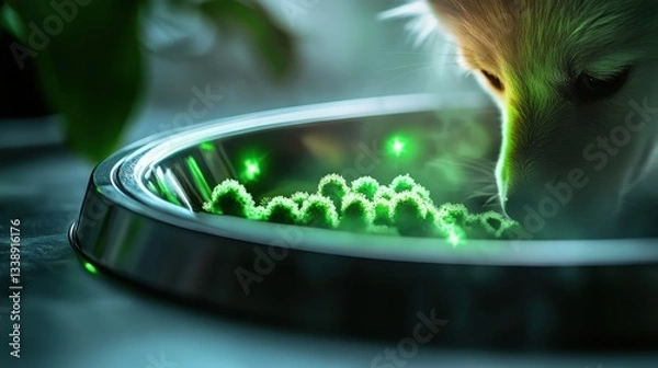 Fototapeta A visually engaging image of a dog curiously investigating green particles in a dish, representing the bond between pets and environmental awareness in a surreal artistic style.