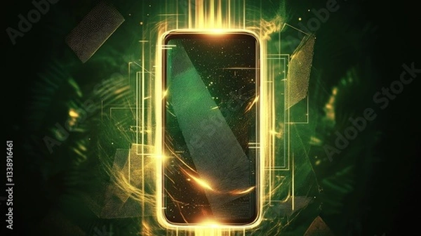Fototapeta An artistic representation of a smartphone radiating golden energy, symbolizing modern technology and its transformative impact on everyday life and human connection.
