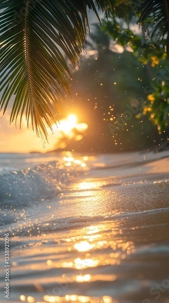 Fototapeta Golden Hour Embrace: The sun dips towards the horizon, painting the sky in a symphony of gold, while gentle waves caress the sandy shore, under a canopy of palm leaves.