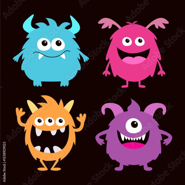 Fototapeta Happy Halloween. Monster set. Kawaii cartoon funny character. Colorful silhouette monsters. Cute face with teeth, horns, eyes, hands. Childish baby collection. Flat design. Black background. Vector