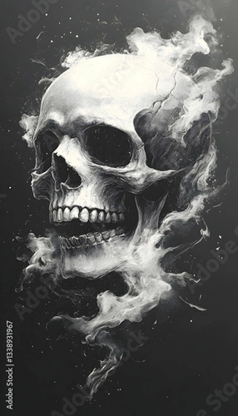 Obraz A monochrome skull engulfed in ethereal smoke against a dark background