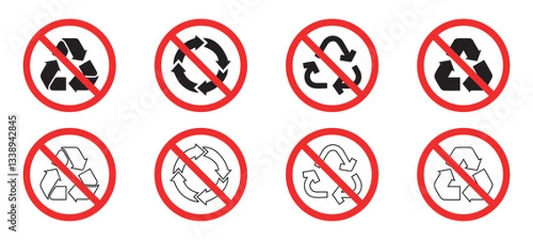 Fototapeta Set of a not allowed icon with a recycle sign. do not recycle illustration design. Arrows recycle and no recycle icons