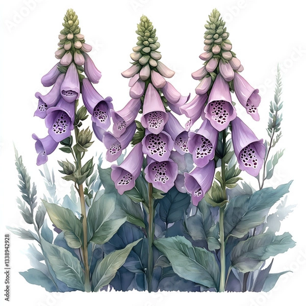 Fototapeta Isolated illustration of three foxglove plants in full bloom, featuring tall stems adorned with bell-shaped purple flowers, set against the white background. 