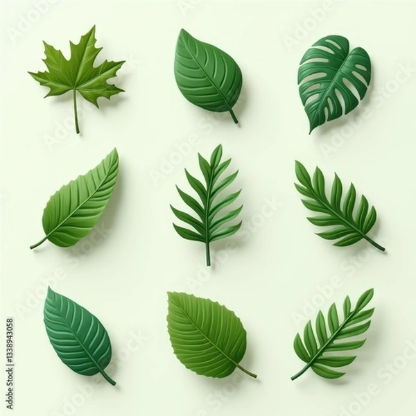 Fototapeta Variety of green leaves arranged on a light background showcasing different shapes and textures