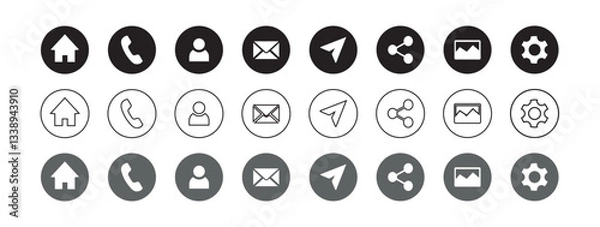 Fototapeta Contact information icons, vector for business card and website. Editable stroke sign pack. Contains icons - name, phone, location, website, address, mail, email, office, mobile, and chat symbol.