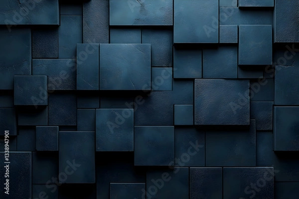 Fototapeta Dark blue, textured square blocks create an abstract, geometric background