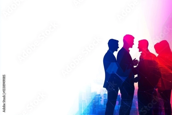Fototapeta Silhouettes of businesspeople engaged in discussions, handshake and teamwork concepts blended with a futuristic cityscape, representing collaboration and corporate growth