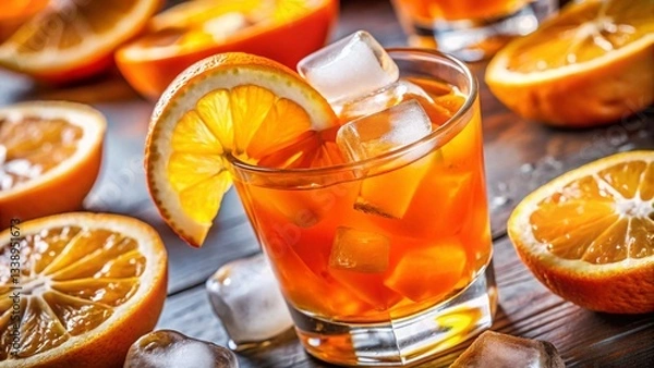 Fototapeta Macro Photography of Orange Cocktail - Close-up of Citrus and Ice Cubes