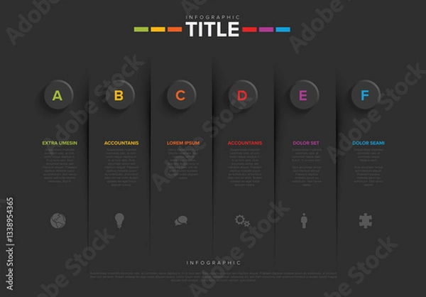 Fototapeta Colorful Modern Infographic Dark Layout Template with six elements and letters