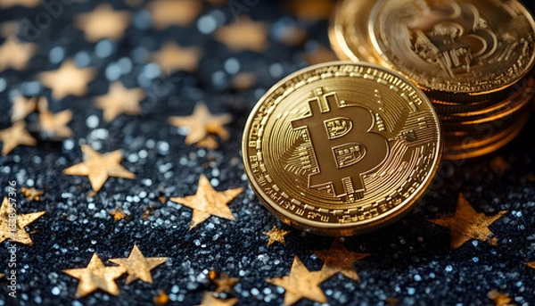 Obraz Gold cryptocurrency coins on a sparkly star background