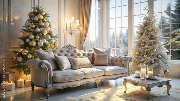 Fototapeta Luxurious Silver Sofa Christmas Morning Decor - Festive Home Interior