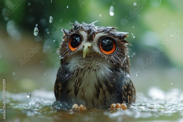 Fototapeta A soaked owl with large, bright orange eyes stands in water as raindrops fall, creating a dramatic and adorable scene.