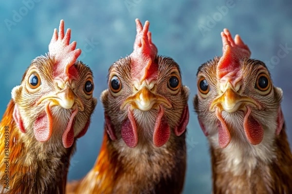 Fototapeta Poultry takes a funny selfie on a farm, outdoors, capturing a humorous and lively moment with expressive faces in a natural setting.