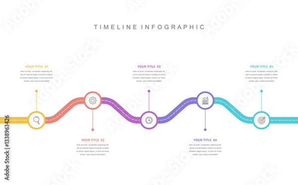 Fototapeta Business road map timeline infographic concept. with icons and 5 options, Corporate milestones graphic elements. workflow layout, diagram, report, web design. Creative, vector