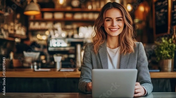Fototapeta Smiling Professional Woman in a Suit Typing on a Laptop at a Cozy Café with a Warm Atmosphere and a Focus on Customer Service