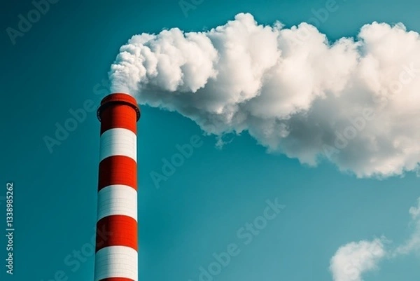 Fototapeta Red and white striped smokestack releases white clouds into a clear blue sky during a sunny day