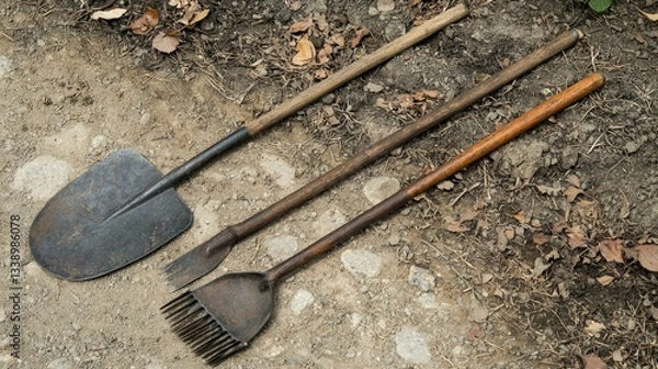 Fototapeta A set of hand-farming tools, including a hoe, rake, and shovel, resting on the ground.