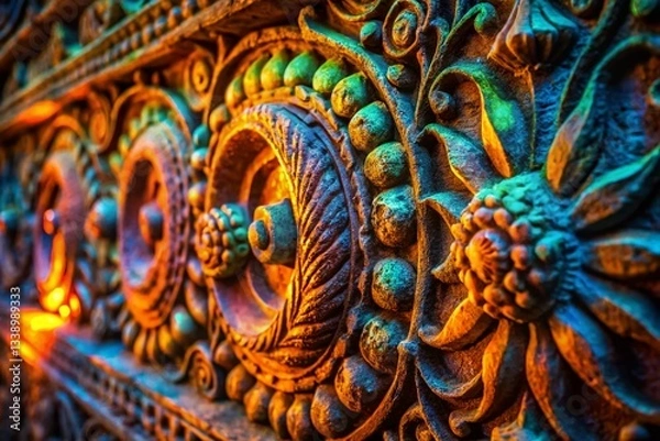 Obraz Intricate Stone Carving Detail in Low Light, Ancient Texture, Architectural Ornament