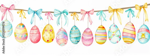 Fototapeta Watercolor Easter eggs with floral pattern set of spring illustrations