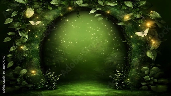 Obraz Magical greenery archway with butterflies, sparkle