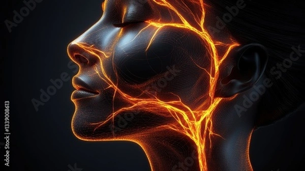 Obraz Detailed Illustration of Trigeminal Nerve Anatomy Highlighting Pain Zones in the Face with a Glowing Red Visual Effect Near Nose and Cheek Area